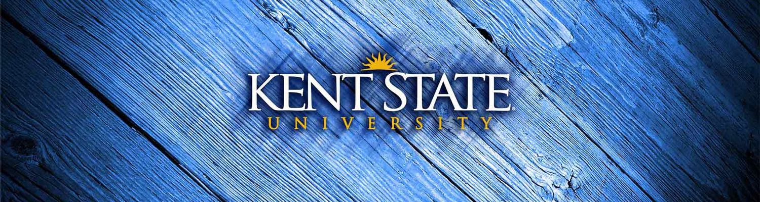 'Kent State University' on a blue overlay of wood