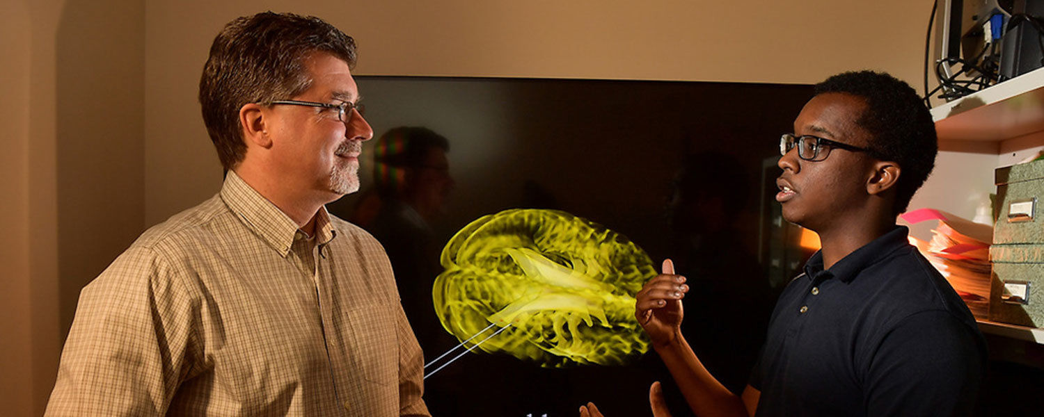 A student discussing a brain scan with a professor