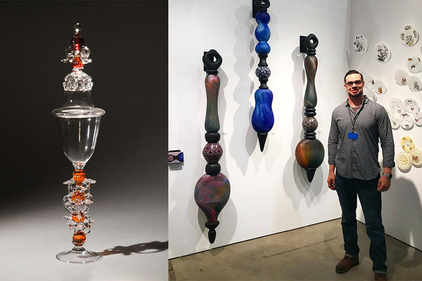 Dan Alexander in front of his glass artwork, images of glass art by Dan, a blue vase and a tall cup with lid