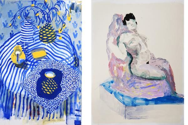 Three paintings by Patricia Zinsmeister Parker - One still life in blue, one nude woman reclining and one self portrait with multiple faces