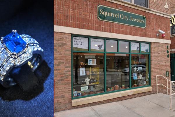 The storefront of Squirrel City Jewelers in downtown Kent and an example of a ring made by the owner with a blue sapphire and diamonds.