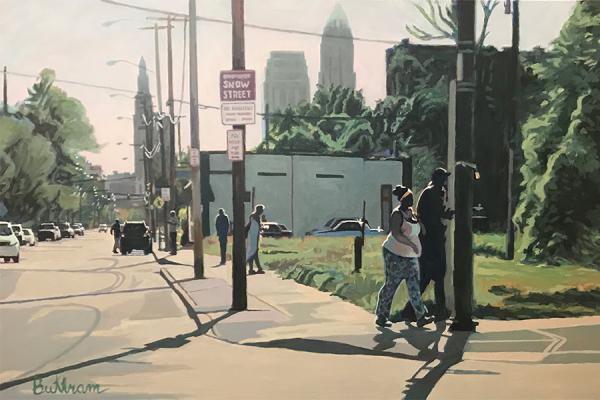 Painting of a city street by David Buttram and a photograph of the artist.